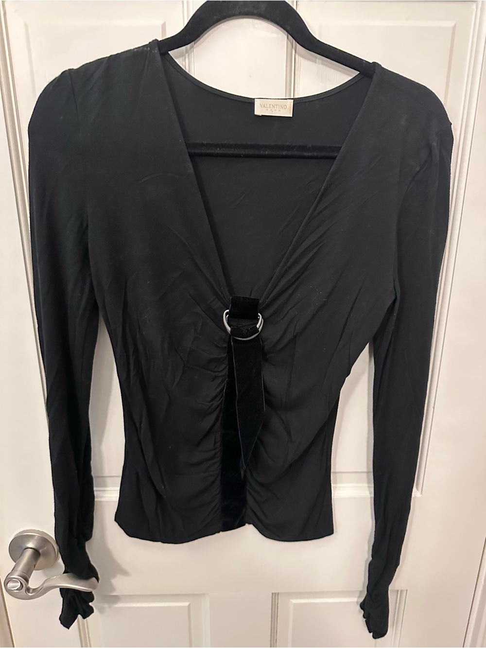 Valentino Black Long-Sleeve V-Neck Top with Front Ring Accent